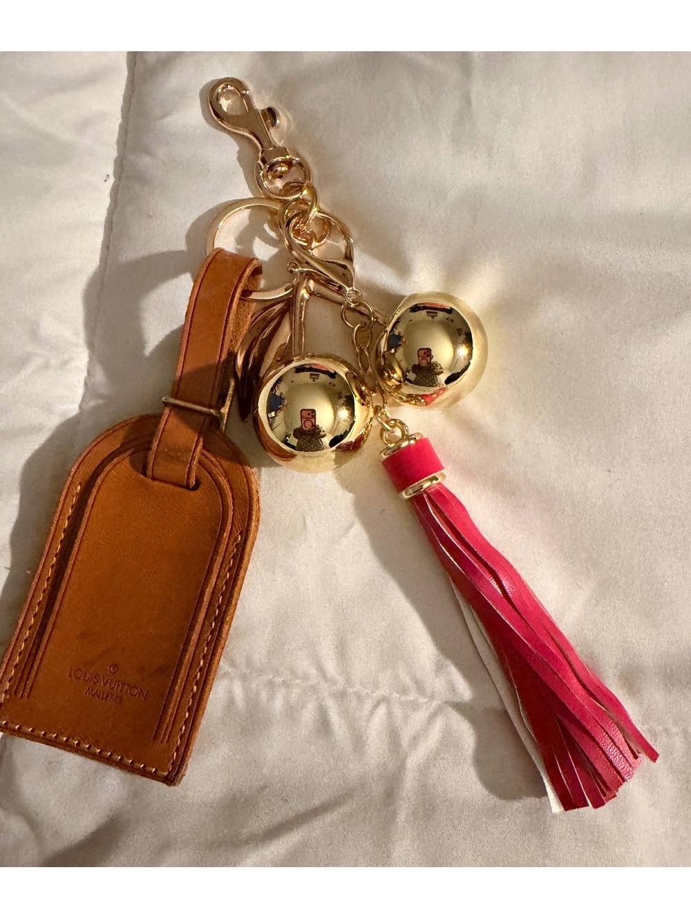 Leather Luggage Tag Keychain with Pink Tassel and Gold cherries